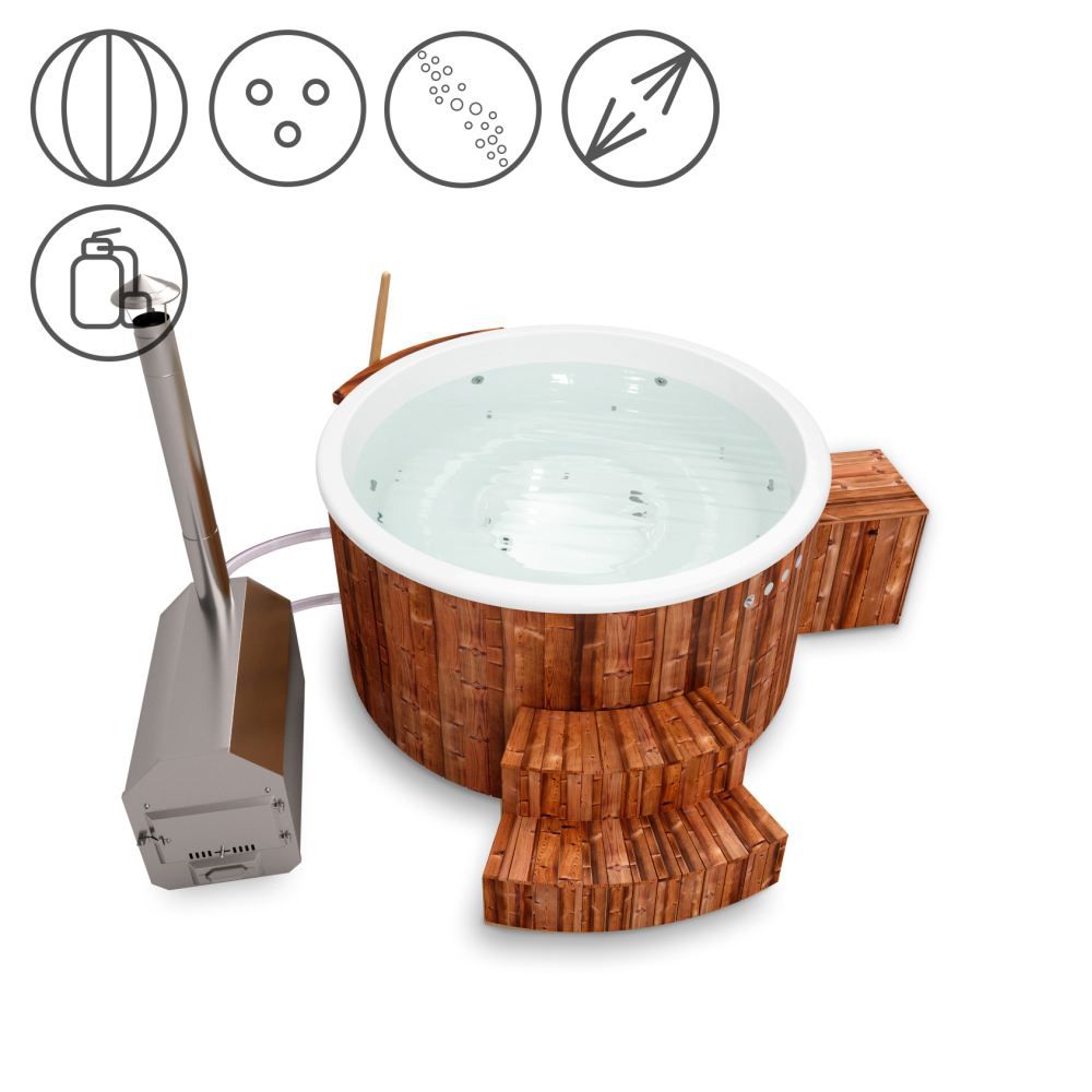 Hot Tub 01 aus Thermoholz mit LED-Beleuchtung, Thermodeckel, Kombimassagedüsen, Sandfilter, Holzbox und Wärmedämmung, Wanne: Weiß, Innendurchmesser: 180 cm