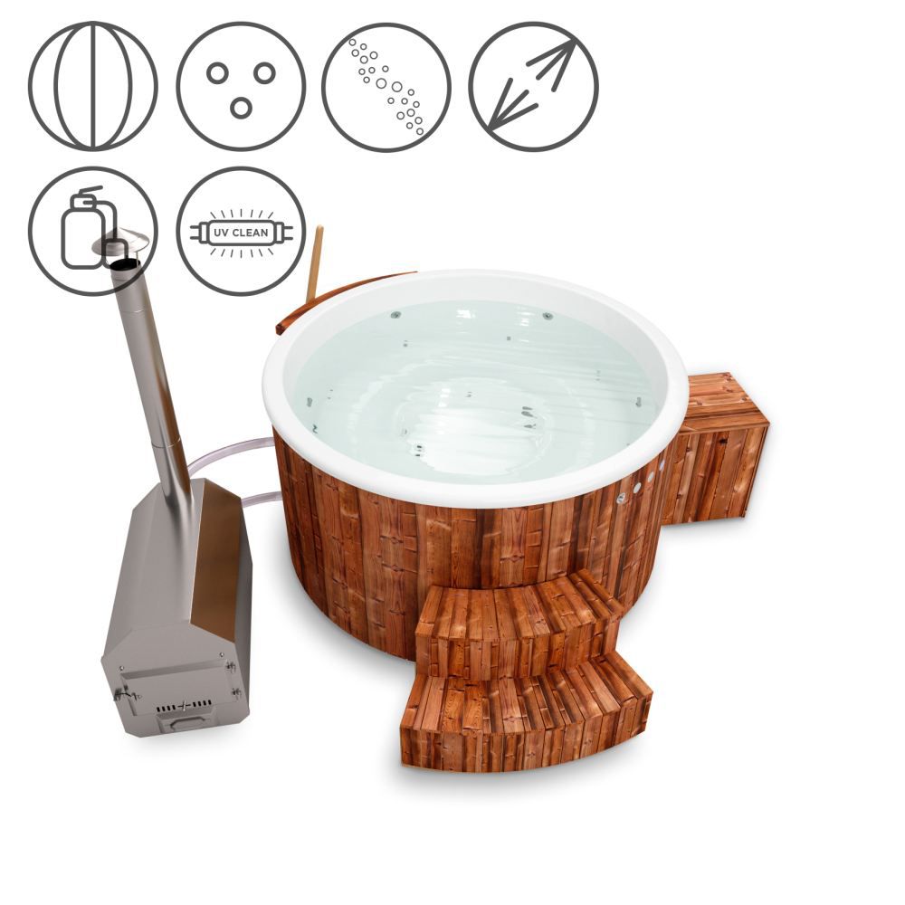 Hot Tub 01 aus Thermoholz mit LED-Beleuchtung, Thermodeckel, Kombimassagedüsen, Sandfilter, Holzbox, UV-Lampe und Wärmedämmung, Wanne: Weiß, Innendurchmesser: 180 cm