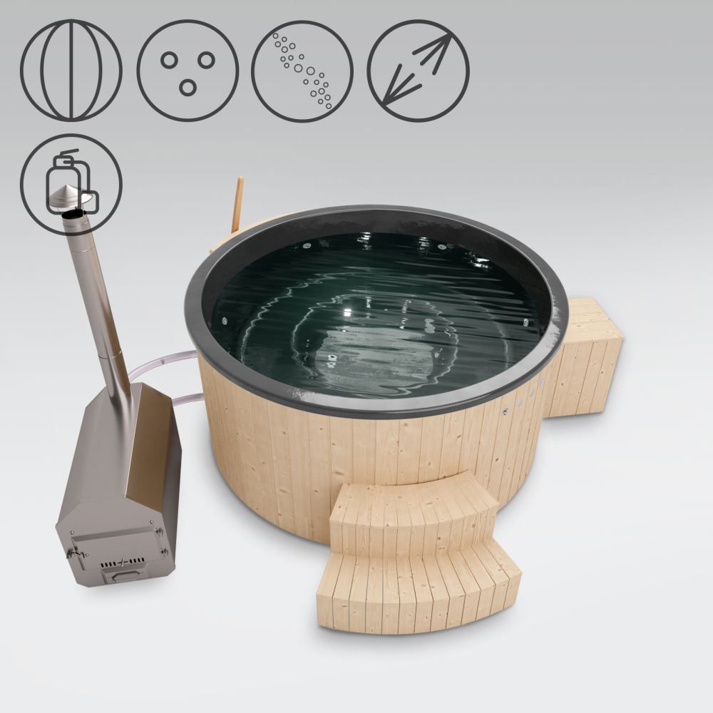 Hot Tub 01 aus Fichtenholz Thermodeckel, für 6-8 Personen geeignet, Kombimassagedüsen, Sandfilter, Wärmedämmung, Wanne: Anthrazit, mit LED-Beleuchtung