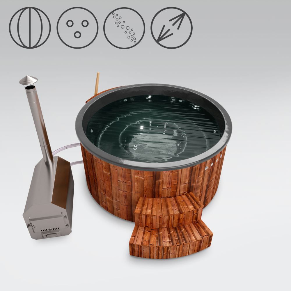 Hot Tub 01 aus Thermoholz mit LED-Beleuchtung, Thermodeckel, Kombimassagedüsen und Wärmedämmung, Wanne: Anthrazit, Innendurchmesser: 200 cm