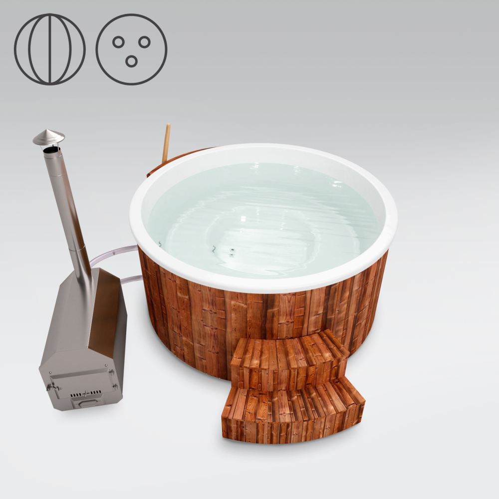 Hot Tub 01 aus Thermoholz mit LED-Beleuchtung, Thermodeckel und Wärmedämmung, Wanne: Weiß, Innendurchmesser: 200 cm