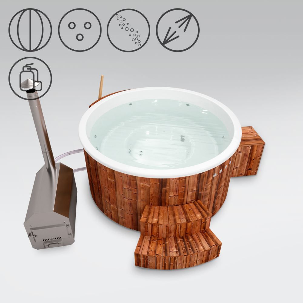 Hot Tub 01 aus Thermoholz mit LED-Beleuchtung, Thermodeckel, Kombimassagedüsen, Sandfilter, Holzbox und Wärmedämmung, Wanne: Weiß, Innendurchmesser: 200 cm