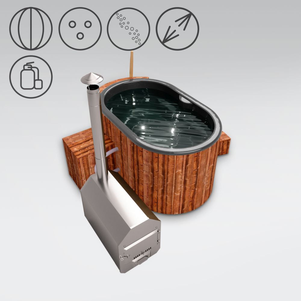 Hot Tub 02 aus Thermoholz mit LED-Beleuchtung, Thermodeckel, Kombimassagedüsen, Sandfilter, Holzbox und Wärmedämmung, Wanne: Anthrazit, Außenabmessungen: 189 x 118 cm (L x B)