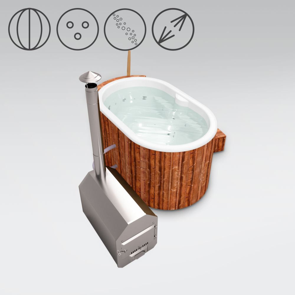 Hot Tub 02 aus Thermoholz mit LED-Beleuchtung, Thermodeckel, Kombimassagedüsen und Wärmedämmung, Wanne: Weiß, Außenabmessungen: 189 x 118 cm (L x B)