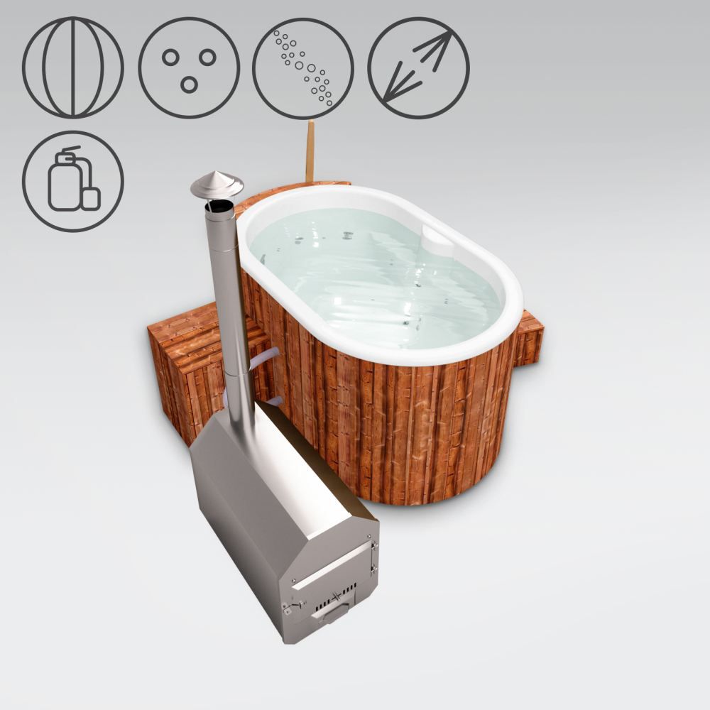 Hot Tub 02 aus Thermoholz mit LED-Beleuchtung, Thermodeckel, Kombimassagedüsen, Sandfilter, Holzbox und Wärmedämmung, Wanne: Weiß, Außenabmessungen: 189 x 118 cm (L x B)