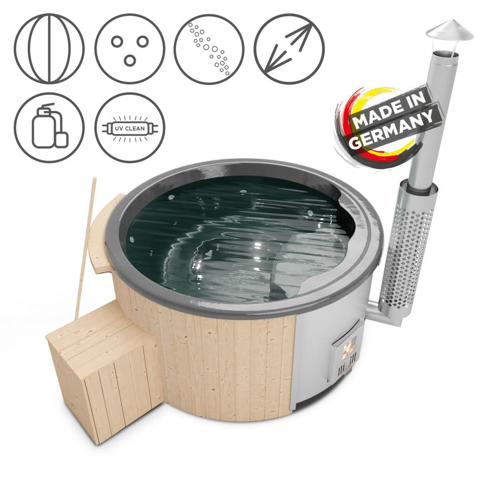 Hot Tub 03 aus Fichtenholz mit LED-Beleuchtung, Thermodeckel, Kombimassagedüsen, Sandfilter, Holzbox, UV-Lampe und Wärmedämmung, Wanne: Anthrazit, Innendurchmesser: 180 cm