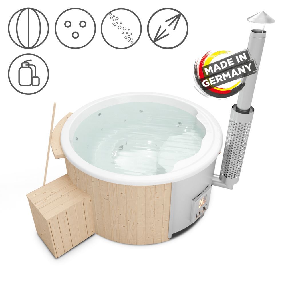 Hot Tub 03 aus Fichtenholz mit LED-Beleuchtung, Thermodeckel, Kombimassagedüsen, Sandfilter, Holzbox und Wärmedämmung, Wanne: Weiß, Innendurchmesser: 180 cm