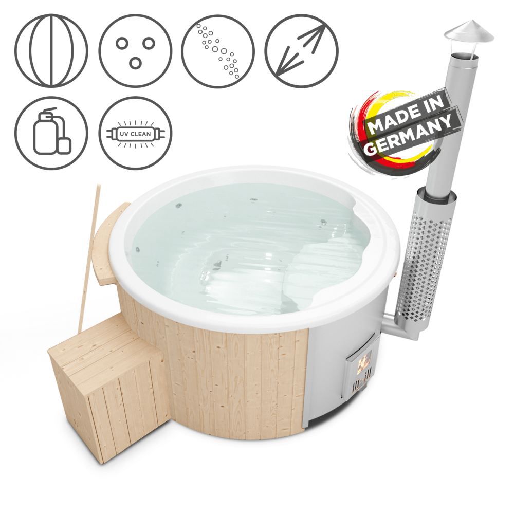 Hot Tub 03 aus Fichtenholz mit LED-Beleuchtung, Thermodeckel, Kombimassagedüsen, Sandfilter, Holzbox, UV-Lampe und Wärmedämmung, Wanne: Weiß, Innendurchmesser: 180 cm