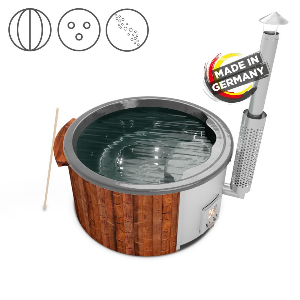 Hot Tub 03 aus Thermoholz mit LED-Beleuchtung, Thermodeckel, Luftmassagedüsen und Wärmedämmung, Wanne: Anthrazit, Innendurchmesser: 180 cm