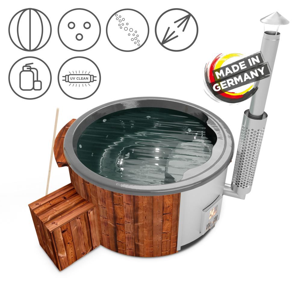 Hot Tub 03 aus Thermoholz mit LED-Beleuchtung, Thermodeckel, Kombimassagedüsen, Sandfilter, Holzbox, UV-Lampe und Wärmedämmung, Wanne: Anthrazit, Innendurchmesser: 180 cm