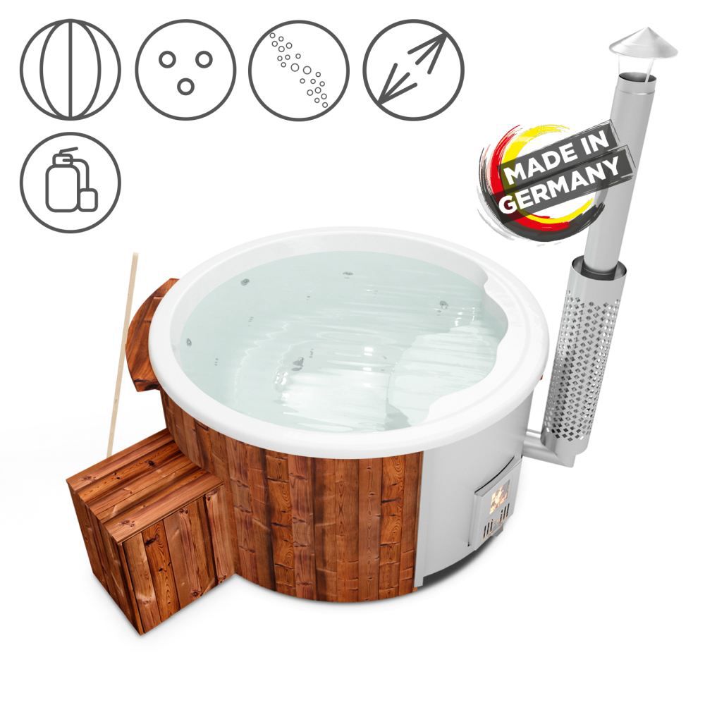 Hot Tub 03 aus Thermoholz mit LED-Beleuchtung, Thermodeckel, Kombimassagedüsen, Sandfilter, Holzbox und Wärmedämmung, Wanne: Weiß, Innendurchmesser: 180 cm