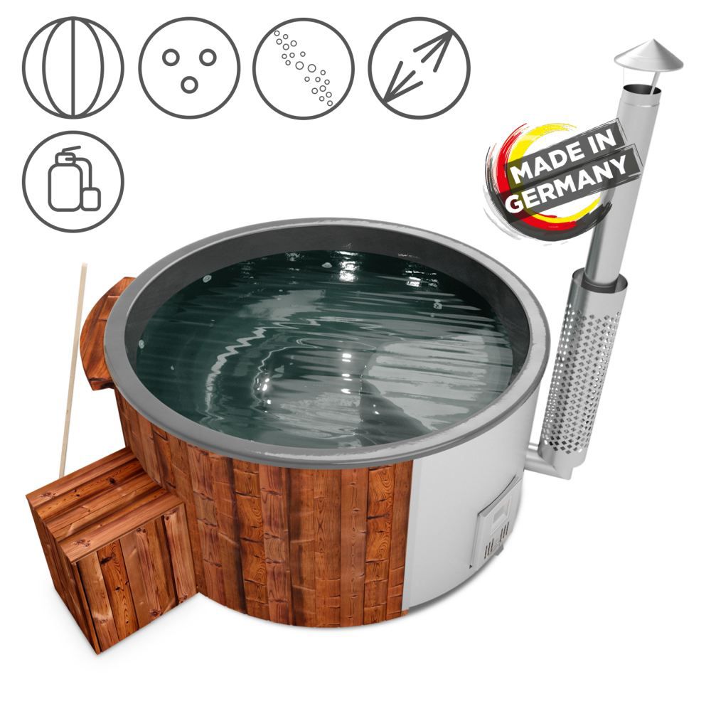 Hot Tub 03 aus Thermoholz mit LED-Beleuchtung, Thermodeckel, Kombimassagedüsen, Sandfilter, Holzbox und Wärmedämmung, Wanne: Anthrazit, Innendurchmesser: 200 cm