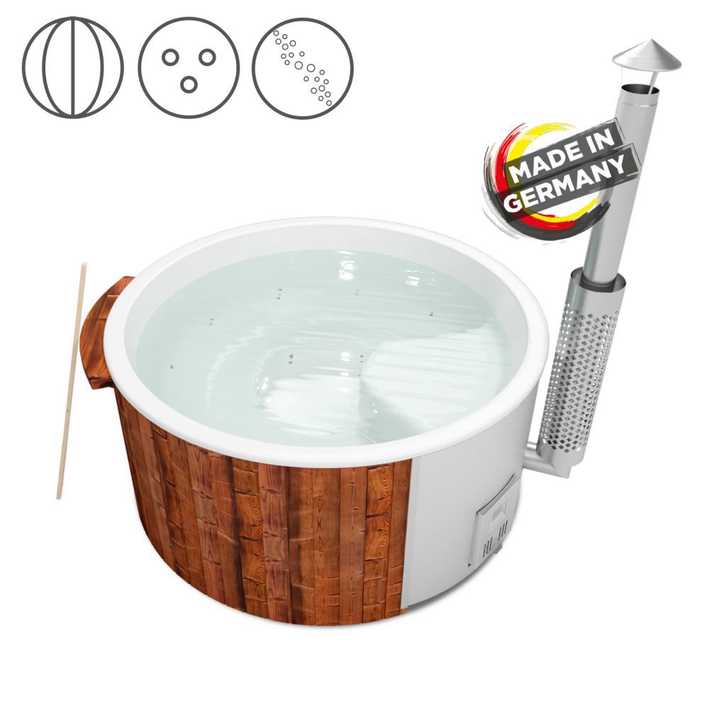 Hot Tub 03 aus Thermoholz mit LED-Beleuchtung, Thermodeckel, Luftmassagedüsen und Wärmedämmung, Wanne: Weiß, Innendurchmesser: 200 cm