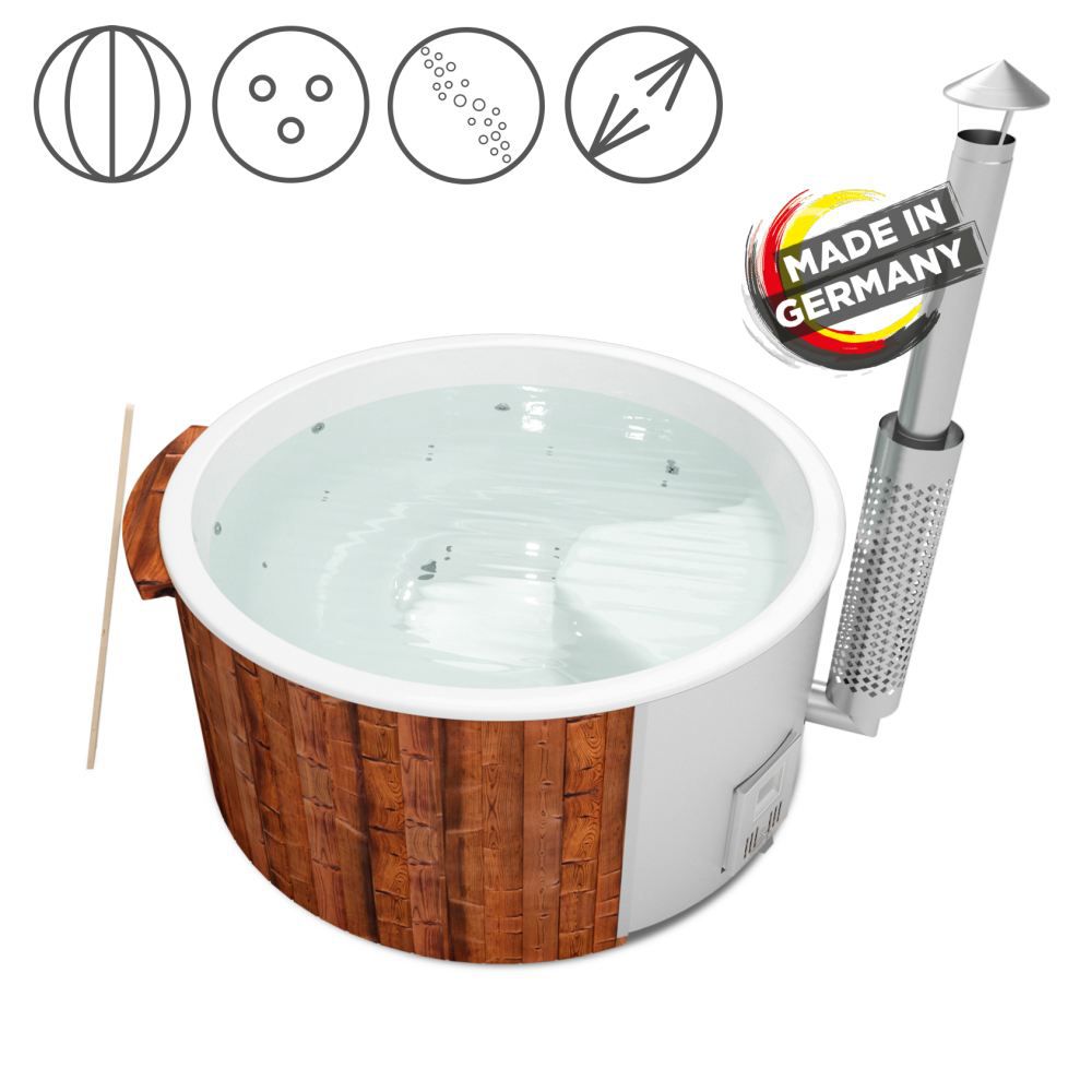 Hot Tub 03 aus Thermoholz mit LED-Beleuchtung, Thermodeckel, Kombimassagedüsen und Wärmedämmung, Wanne: Weiß, Innendurchmesser: 200 cm