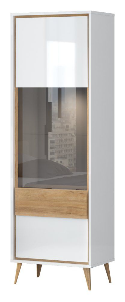 Vitrine Tuanai 02, Farbe: Eiche / Weiß Hochglanz - 195 x 64 x 40 cm (H x B x T)