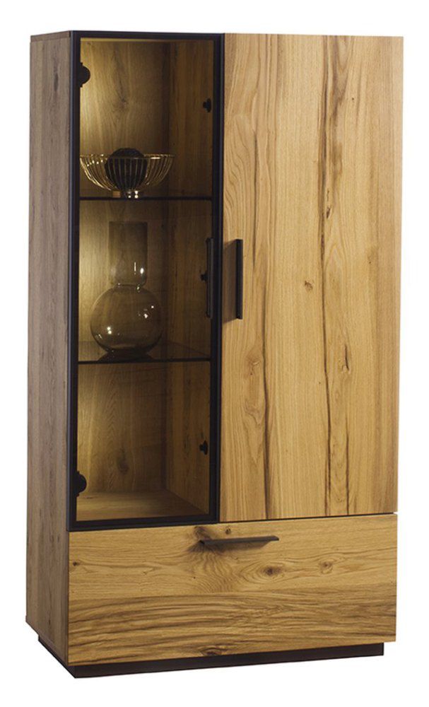 Vitrine Serrator 04, Farbe: Eiche natur geölt / Dunkelbraun - 144 x 79 x 40 cm (H x B x T)