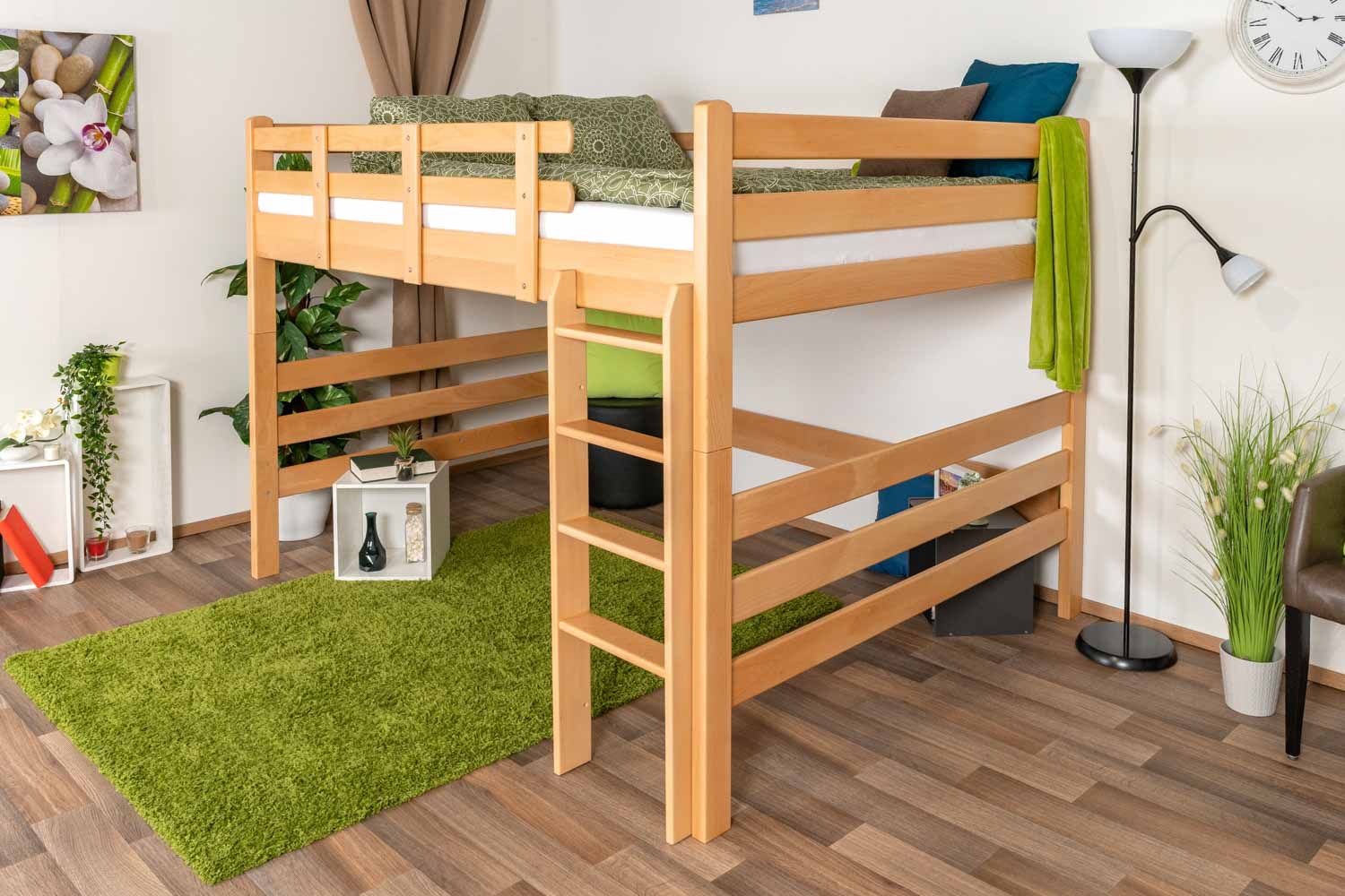 Hochbett 160 x 200 cm für Erwachsene "Easy Premium Line" K23/n, Buche Massivholz Natur lackiert, teilbar