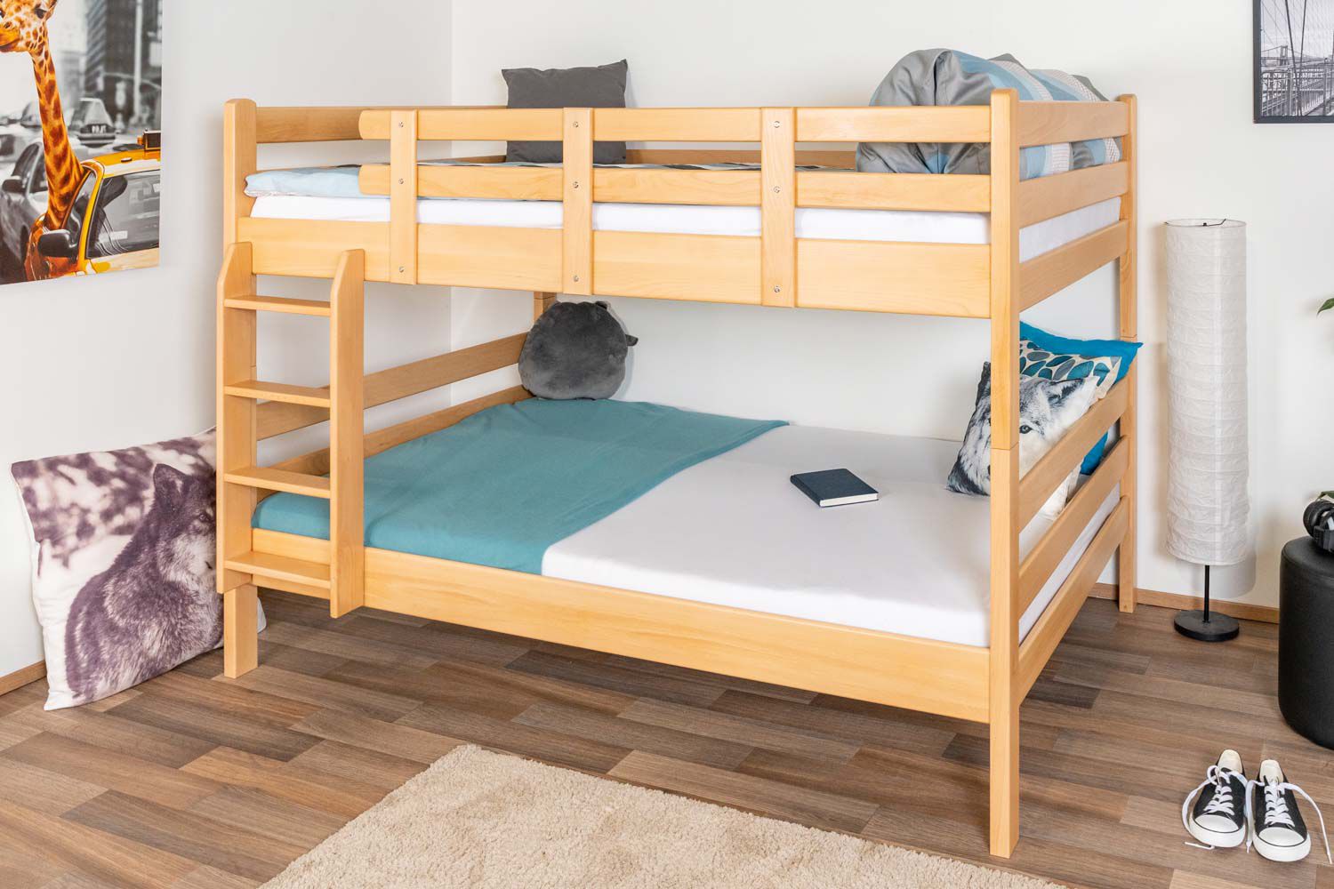 Etagenbett / Stockbett 140 x 200 cm "Easy Premium Line" K24/n, Kopf- und Fußteil gerade, Buche Massivholz Natur lackiert, teilbar