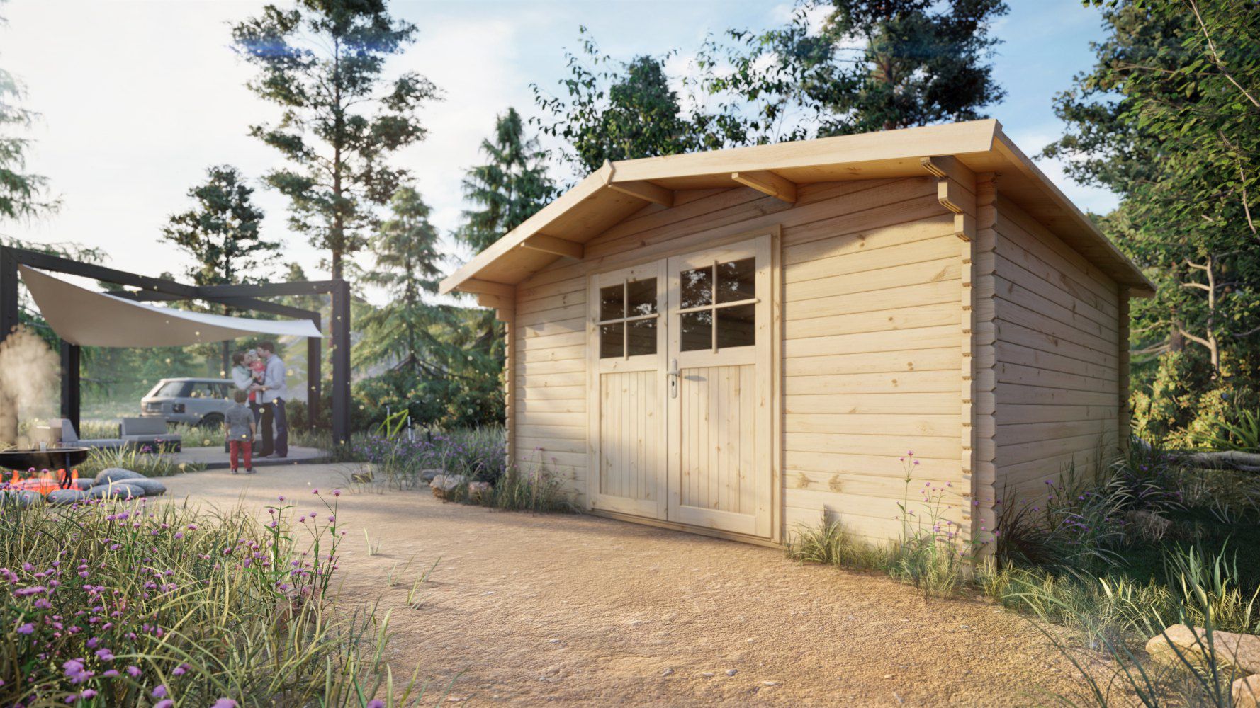 Gartenhaus Sonnenstrahl - 40 mm Blockbohlenhaus, Grundfläche: 14,20 m², Satteldach