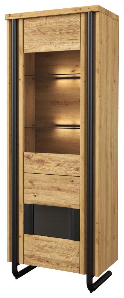 Vitrine Ogulin 02, Farbe: Eiche / Schwarz, teilmassiv - Abmessungen: 199 x 74 x 45 cm (H x B x T)