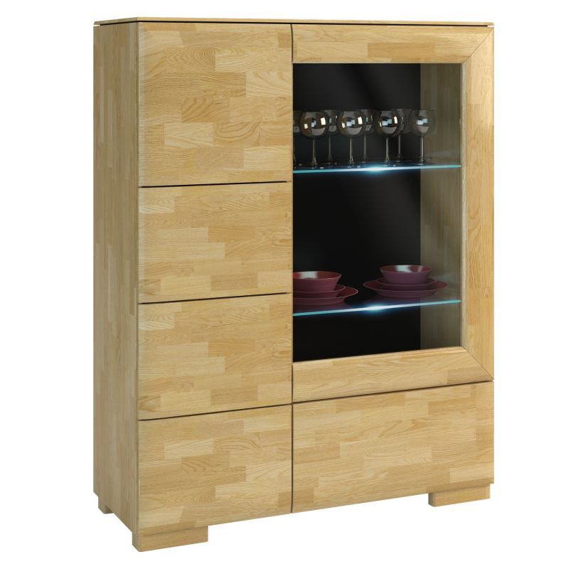 Vitrine "Lipik" 05, Farbe: Eiche / Schwarz, teilmassiv - Abmessungen: 131 x 102 x 43 cm (H x B x T)