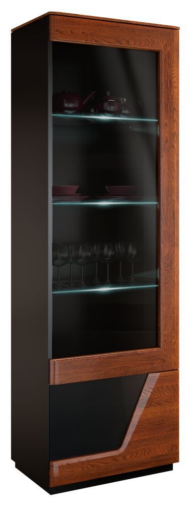 Vitrine mit Türanschlag rechts "Medulin" 23, Farbe: Walnuss / Schwarz, teilmassiv - Abmessungen: 192 x 61 x 43 cm (H x B x T)