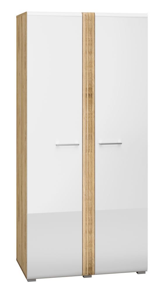 Kleiderschrank mit viel Stauraum Tullahoma 01, Farbe: Eiche / Weiß Glanz - Abmessungen: 196 x 92 x 60 cm (H x B x T), mit 2 Türen und 5 Fächern