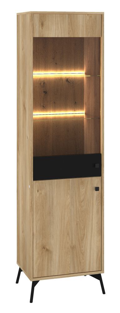 Vitrine Lincolnia 02, Farbe: Eiche / Schwarz - Abmessungen: 200 x 55 x 40 cm (H x B x T), mit 2 Türen und 5 Fächern