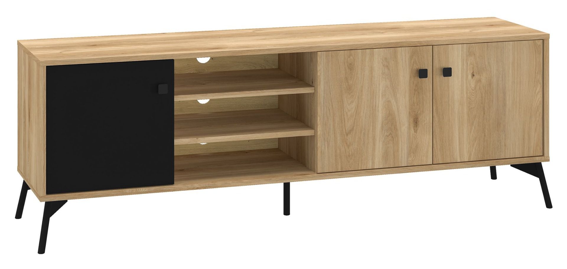 TV-Unterschrank Lincolnia 06, Farbe: Eiche / Schwarz - Abmessungen: 55 x 160 x 40 cm (H x B x T), mit 3 Türen und 5 Fächern