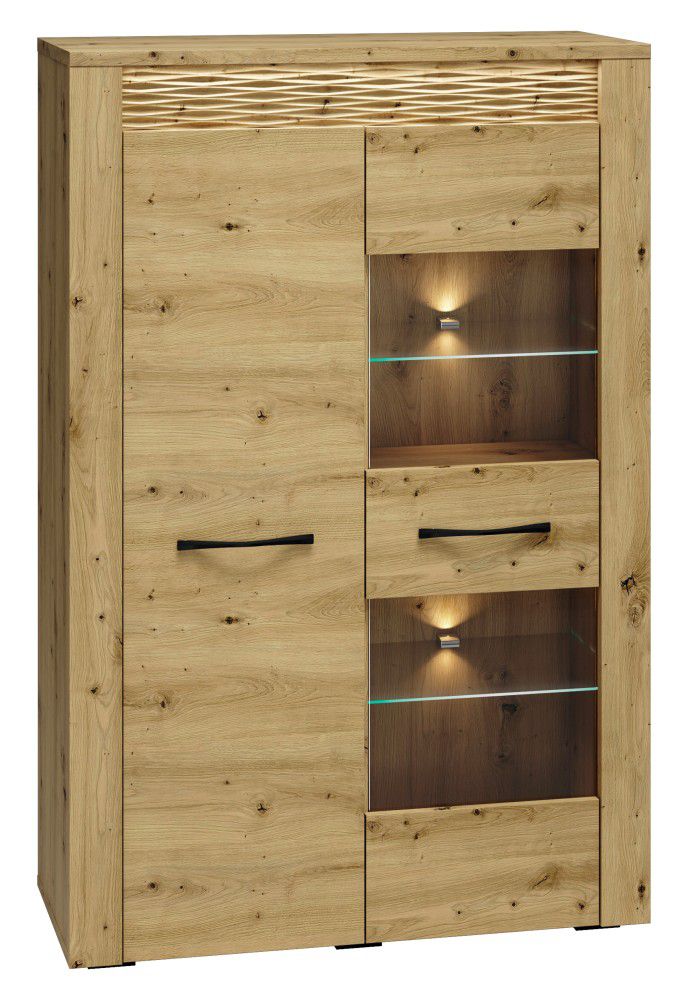 Vitrine Glostrup 05, Farbe: Eiche - Abmessungen: 140 x 92 x 40 cm (H x B x T), mit 2 Türen und 8 Fächern