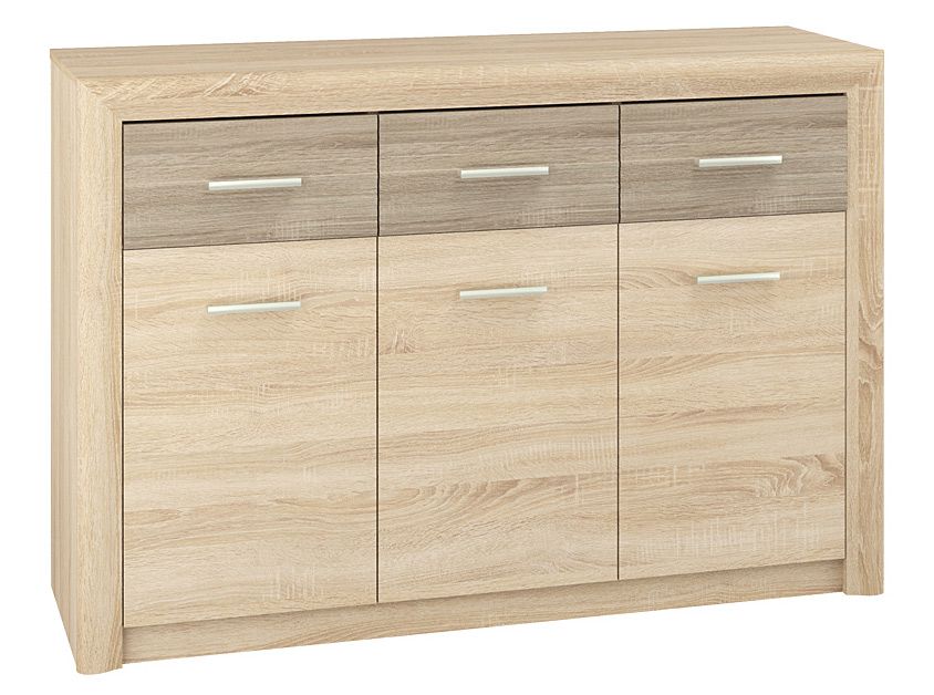 Kommode Mesquite 10, Farbe: Sonoma Eiche hell / Sonoma Eiche Trüffel - Abmessungen: 91 x 138 x 40 cm (H x B x T), mit 3 Türen, 3 Schubladen und 6 Fächern