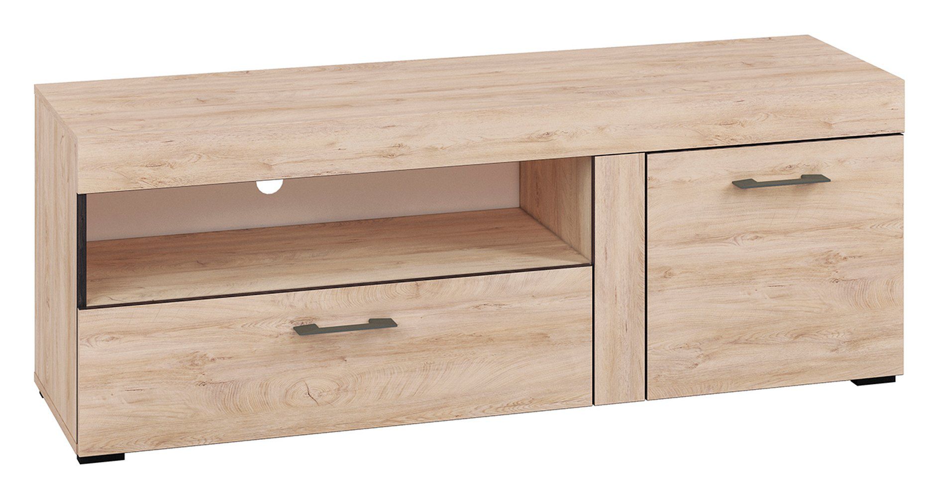 TV-Unterschrank Decorah 07, Farbe: Eiche hell - Abmessungen: 54 x 146 x 42 cm (H x B x T), mit 1 Tür, 1 Schublade und 3 Fächern