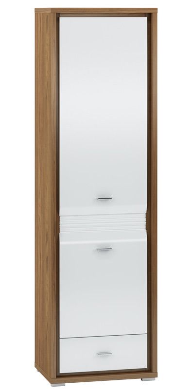 Schrank Tempe 02, Farbe: Nussfarben / Weiß Hochglanz, Fronteinsatz: Weiß - Abmessungen: 203 x 60 x 41 cm (H x B x T), mit 2 Türen, 1 Schublade und 5 Fächern