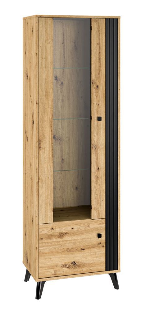 Vitrine Lassila 02, Farbe: Eiche Artisan / Schwarz - Abmessungen: 191 x 61 x 40 cm (H x B x T), mit einer Tür und 5 Fächern