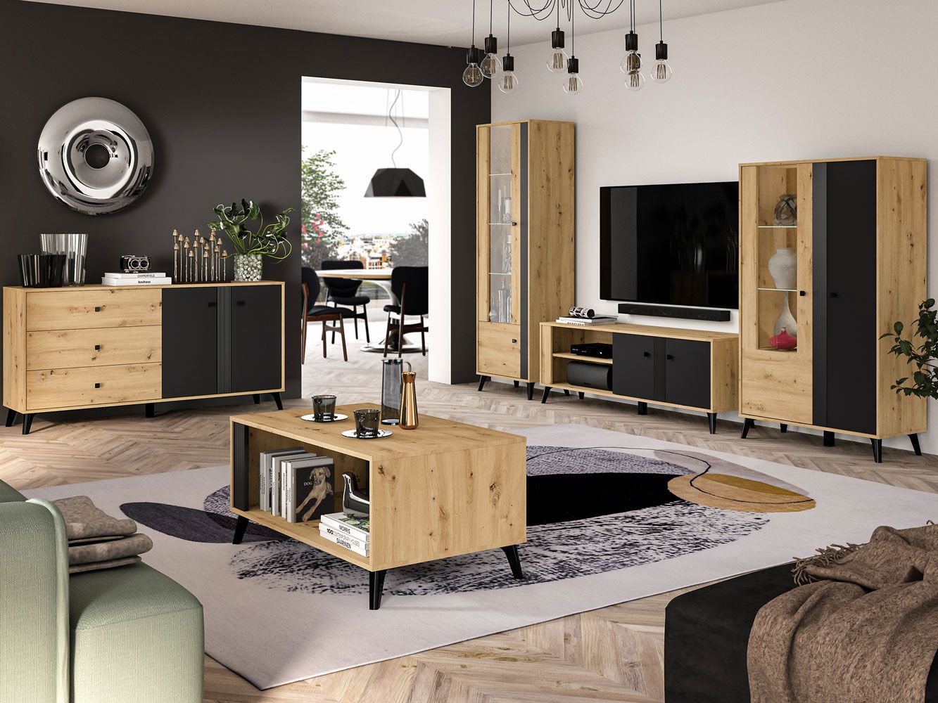 Wohnzimmer Komplett - Set B Lassila, 5-teilig, Farbe: Eiche Artisan / Schwarz