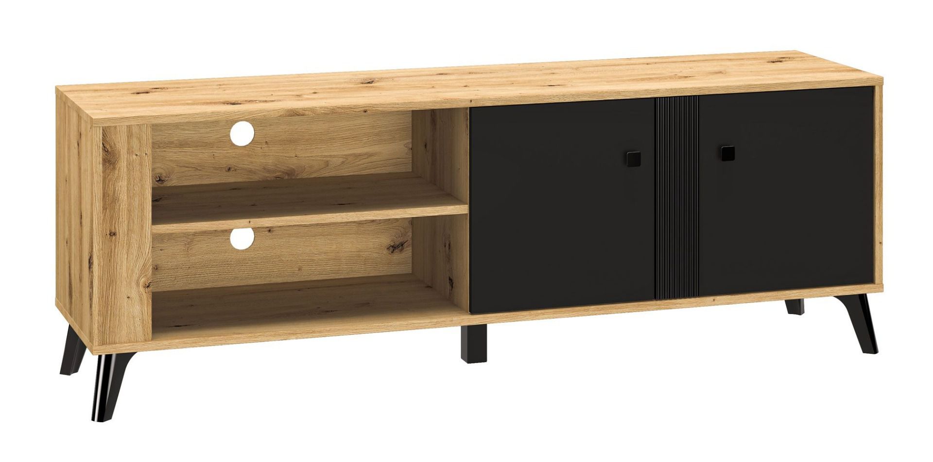 TV-Unterschrank Lassila 06, Farbe: Eiche Artisan / Schwarz - Abmessungen: 54 x 155 x 40 cm (H x B x T), mit zwei Türen und vier Fächern