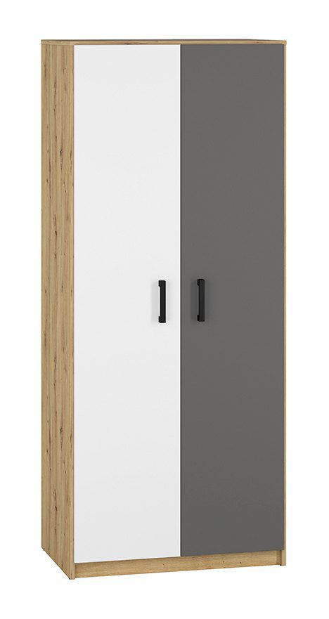 Jugendzimmer - Drehtürenschrank / Kleiderschrank Sallingsund 01, Farbe: Eiche / Weiß / Anthrazit - Abmessungen: 191 x 80 x 51 cm (H x B x T), mit 2 Türen und 1 Fach