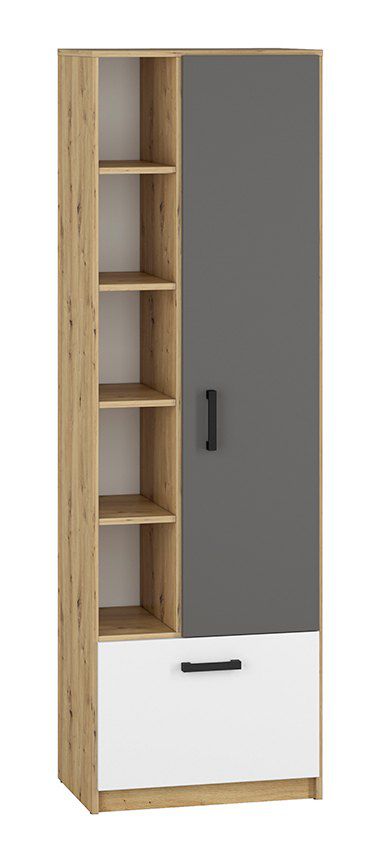 Jugendzimmer - Schrank Sallingsund 03, Farbe: Eiche / Weiß / Anthrazit - Abmessungen: 191 x 60 x 40 cm (H x B x T), mit 1 Tür, 1 Schublade und 9 Fächern