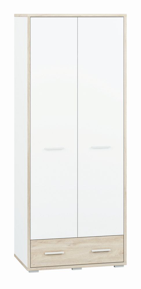 Jugendzimmer - Drehtürenschrank / Kleiderschrank Forks 01, Farbe: Eiche / Weiß - Abmessungen: 200 x 80 x 51 cm (H x B x T), mit 2 Türen, 1 Schublade und 2 Fächern