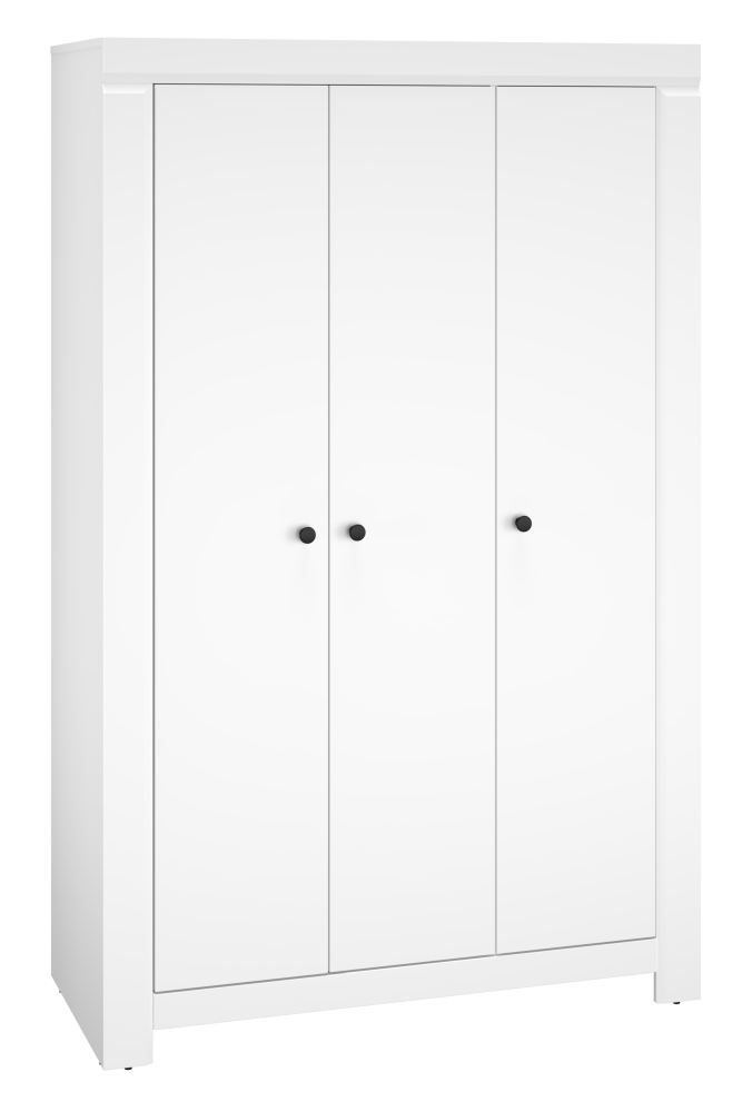 Drehtürenschrank / Kleiderschrank Orivesi 03, Farbe: Weiß - Abmessungen: 201 x 127 x 57 cm (H x B x T), mit 3 Türen und 5 Fächern