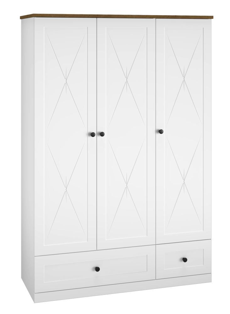 Drehtürenschrank / Kleiderschrank Oulainen 02, Farbe: Weiß / Eiche - Abmessungen: 200 x 137 x 54 cm (H x B x T), mit 3 Türen, 2 Schubladen und 6 Fächern