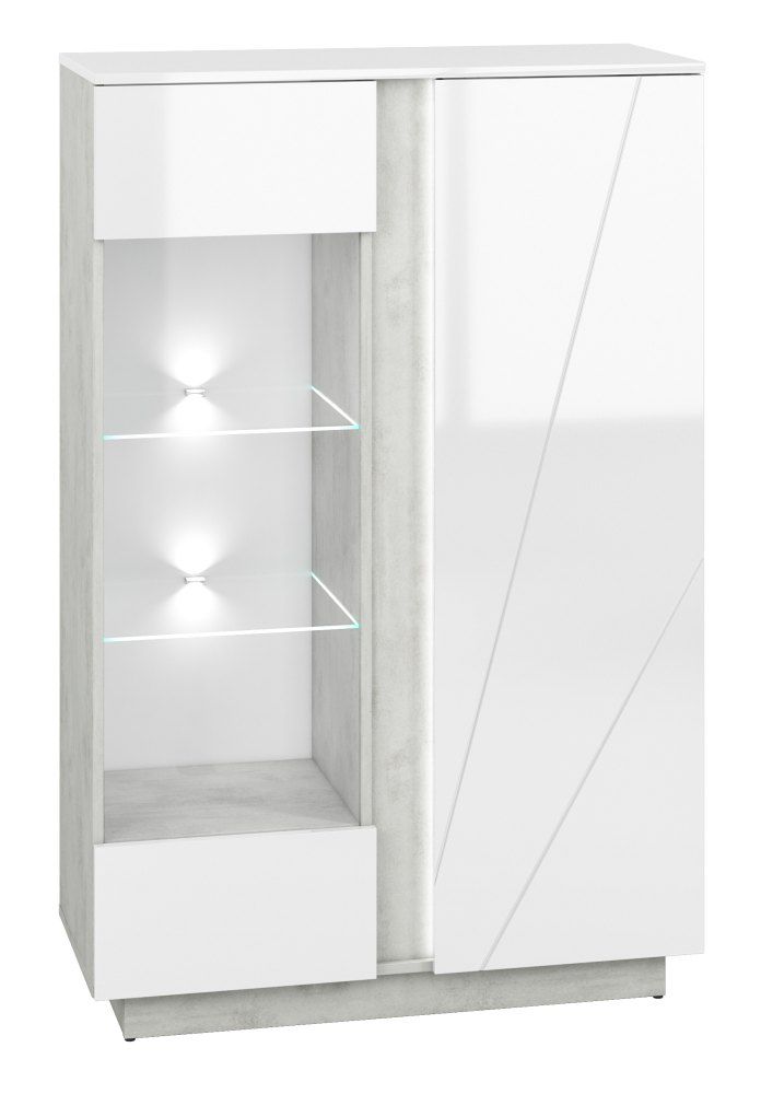 Vitrine Antioch 04, Farbe: Weiß Glanz / Hellgrau - Abmessungen: 141 x 92 x 40 cm (H x B x T), mit 2 Türen und 8 Fächern