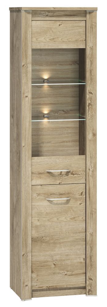 Vitrine Brovst 03, Farbe: Eiche - Abmessungen: 202 x 55 x 40 cm (H x B x T), mit 2 Türen und 5 Fächern