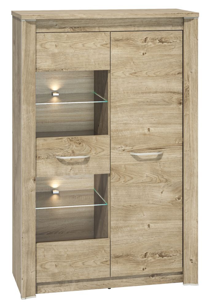 Vitrine Brovst 05, Farbe: Eiche - Abmessungen: 140 x 92 x 40 cm (H x B x T), mit 2 Türen und 8 Fächern