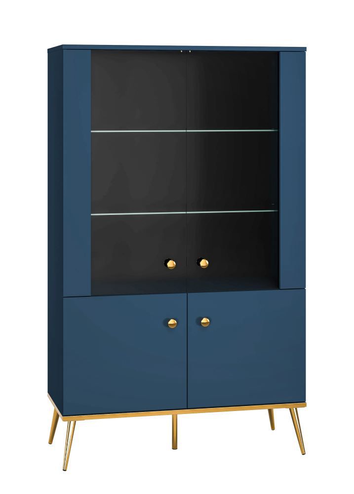 Vitrine Kumpula 02, Farbe: Dunkelblau - Abmessungen: 152 x 92 x 40 cm (H x B x T), mit 4 Türen und 4 Fächern