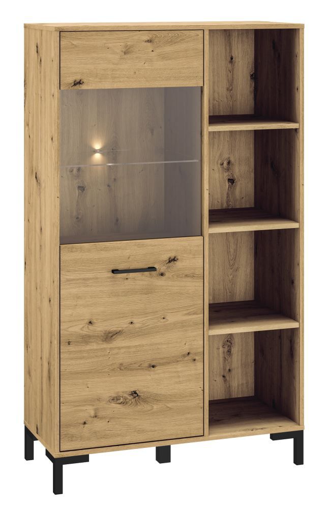 Vitrine Pandrup 19, Farbe: Eiche - Abmessungen: 153 x 90 x 40 cm (H x B x T), mit 1 Tür und 8 Fächern