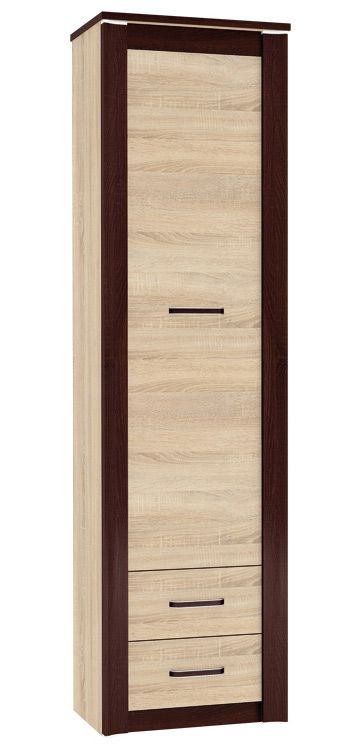 Schrank Nogales 05, Farbe: Sonoma Eiche hell / dunkel - Abmessungen: 202 x 55 x 41 cm (H x B x T), mit 1 Tür, 2 Schubladen und 4 Fächern