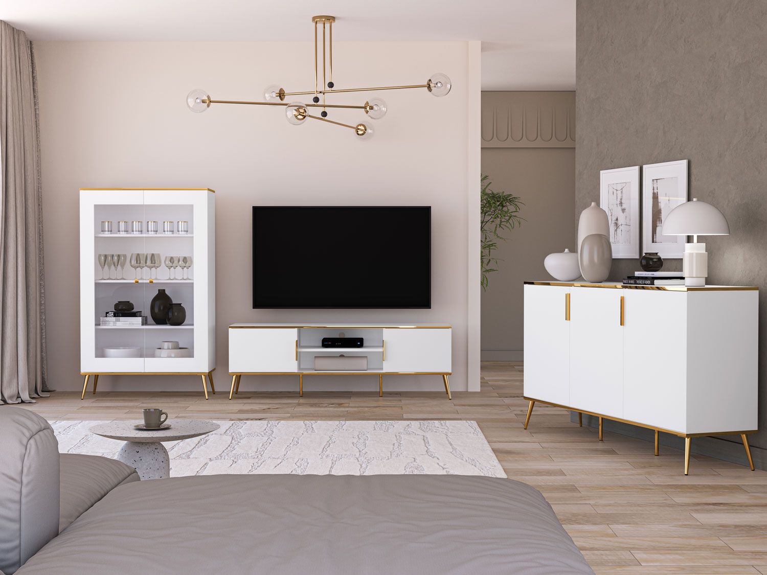 Modernes Wohnzimmer Komplett - Set A Breckenridge, mit Soft-Close Funktion, 3-teilig, Farbe: Weiß, Griffe & Beine: Gold, aus hochwertigen Material