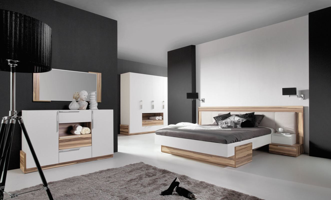 Schlafzimmer Komplett - Set A "Andenne", 5-teilig, Weiß / Walnuss