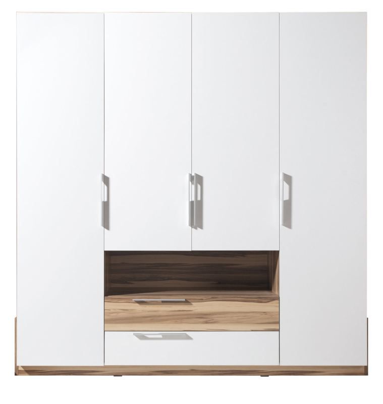 Drehtürenschrank / Kleiderschrank "Andenne" 02, Weiß / Walnuss - Abmessungen: 215 x 210 x 60 cm (H x B x T)